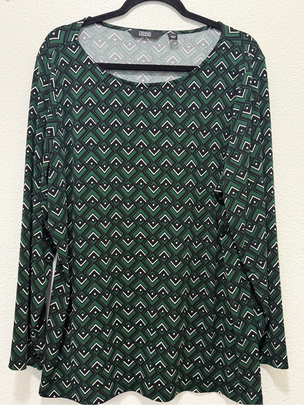 Dennis Basso green black geometric print tunic, long sleeves, XL